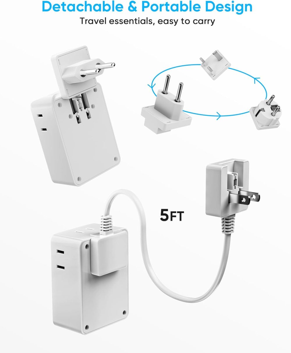 European Travel Plug Adapter, 5ft Detachable Extension Cord with Type C/G/E/F Plug Kit, 4 AC Outlets, 4 USB Ports (2 USB C), UK Germay France Greece Travel Plug Adapter - Image 3